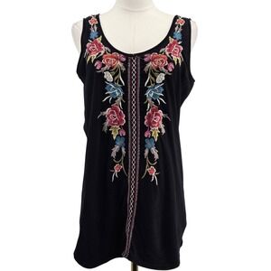 JW Los Angeles Tank Top Womens Small Black Embroidered Floral Boho Tunic Cotton